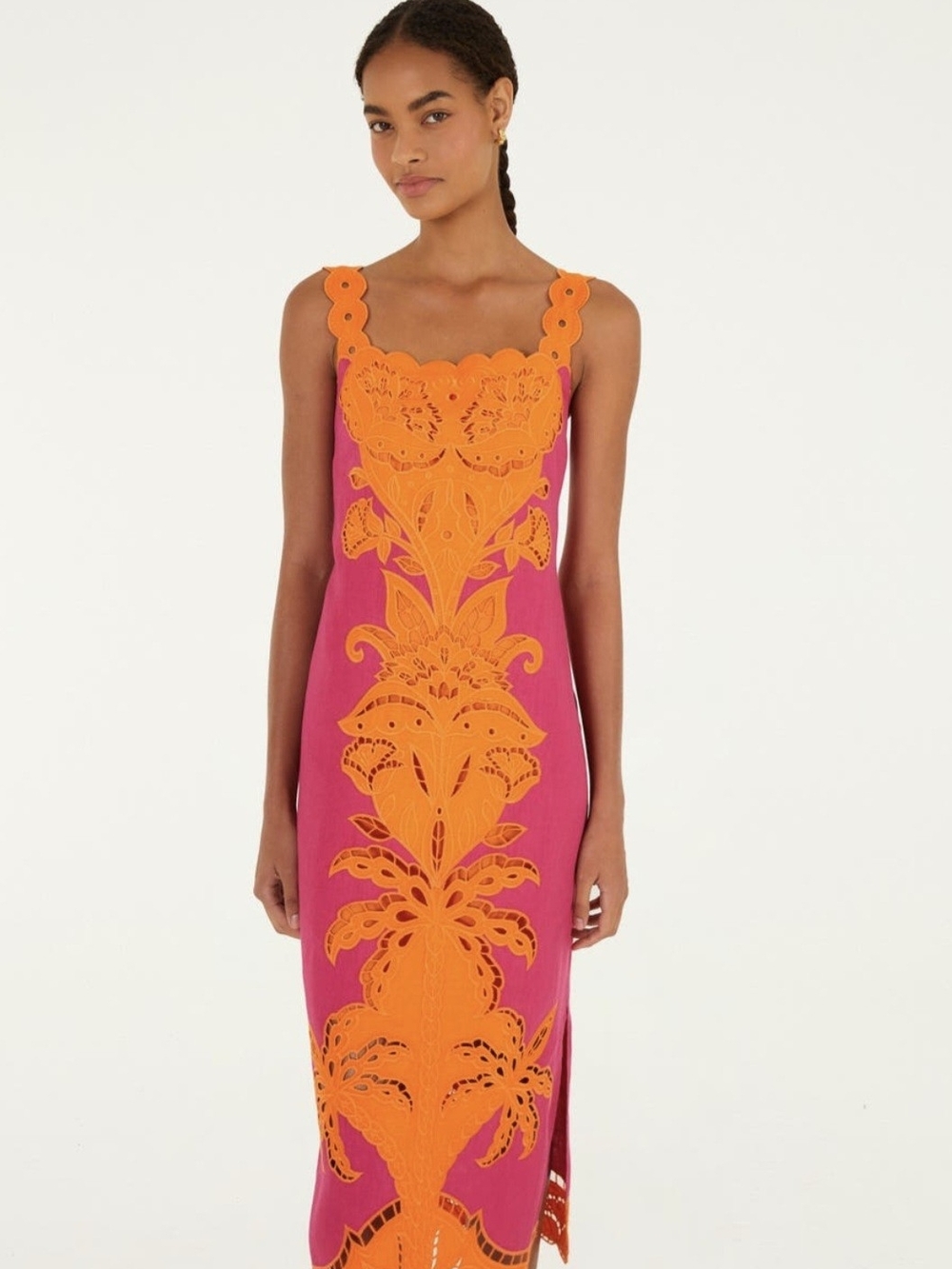 FARM Rio Pink Orange Cutwork Sleeveless Linen Midi Dress - Picture 5 of 5